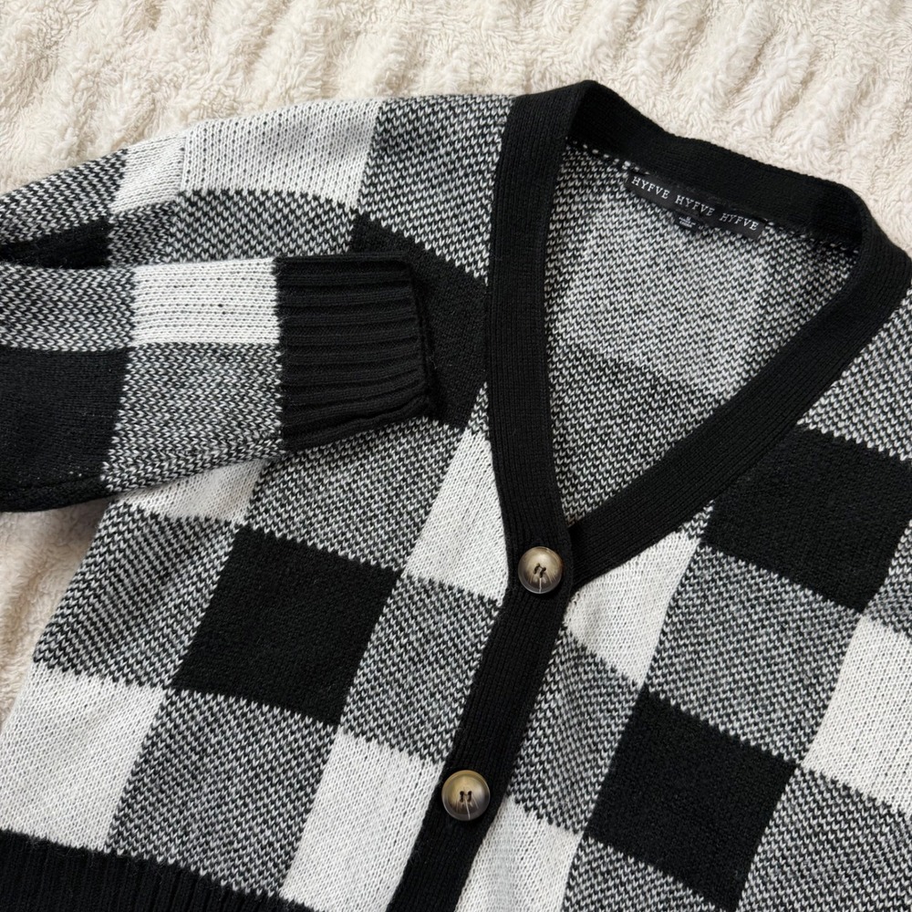 Hyfve Womens Black White Checkered Cardigan Sweater Buffalo Plaid HF21G431 Small